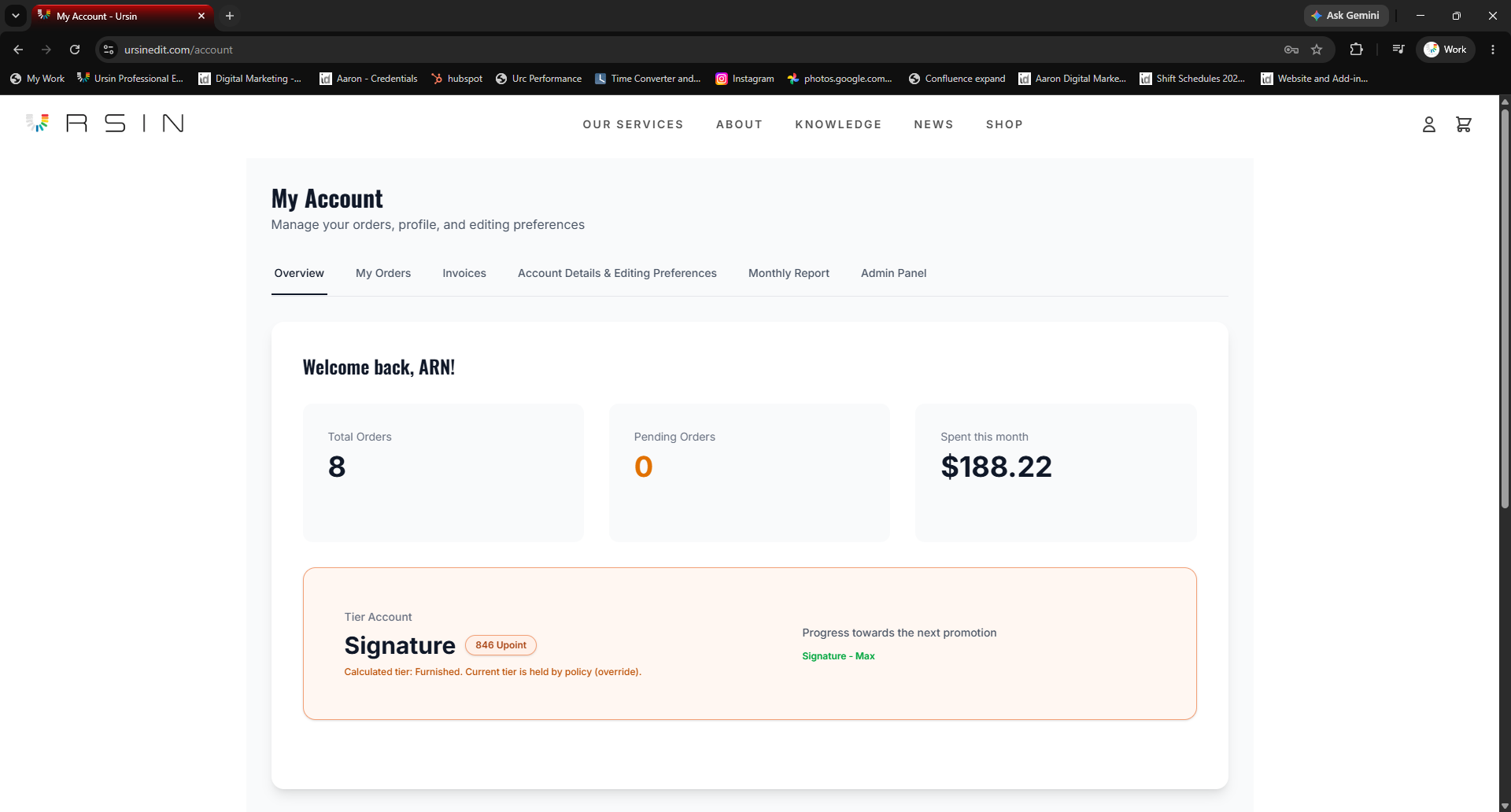 My Account dashboard