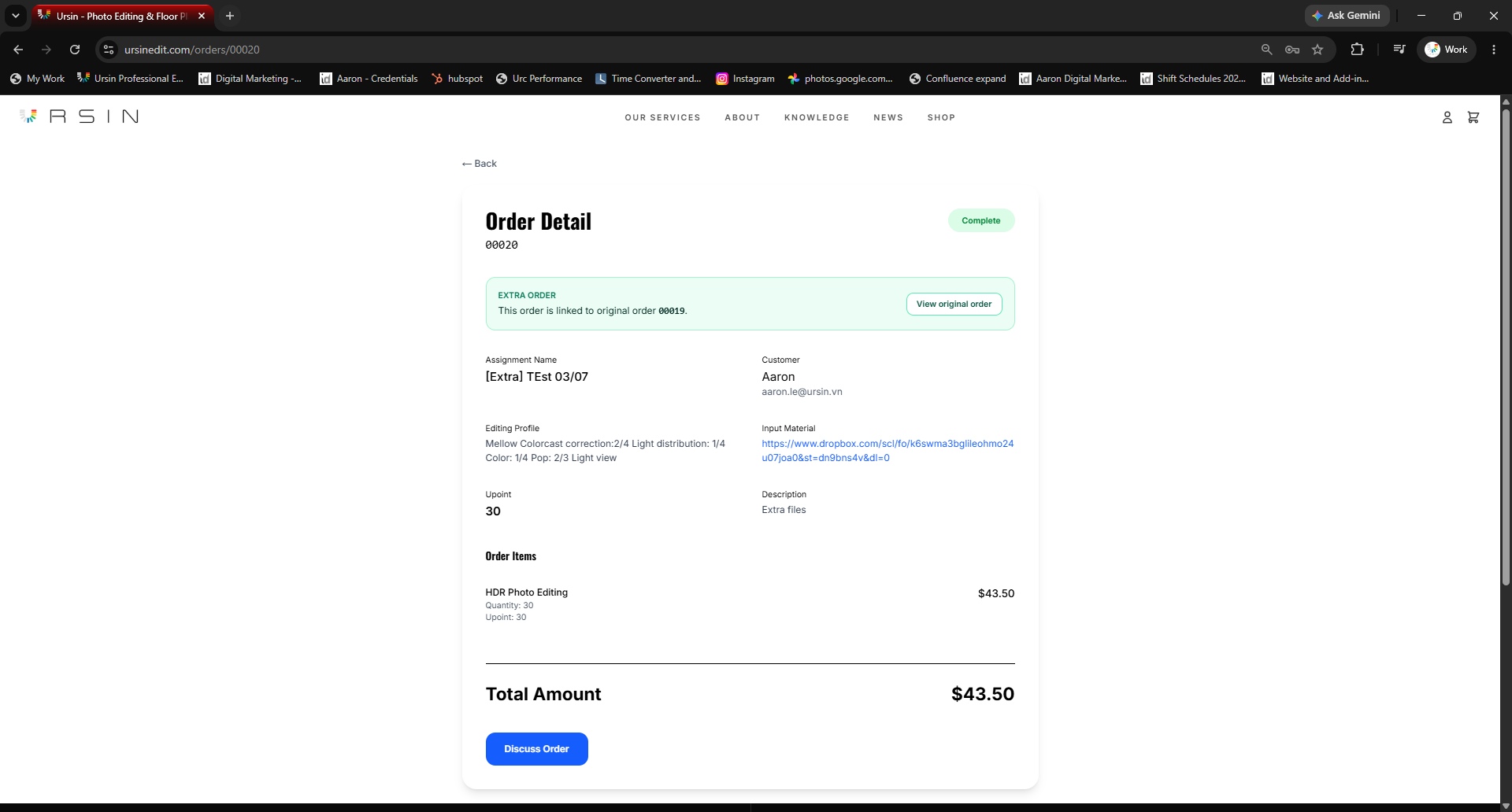 Extra Order details linked to the initial order