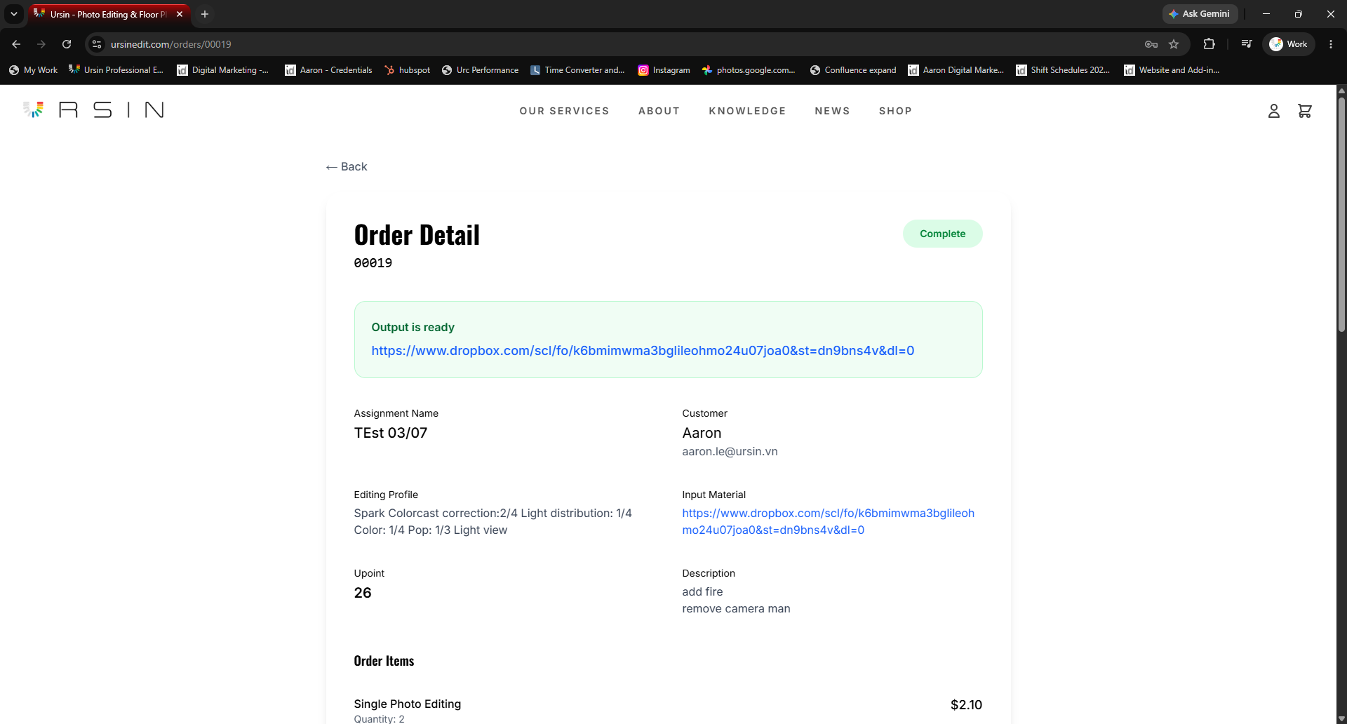 Order status, output, and assignment information