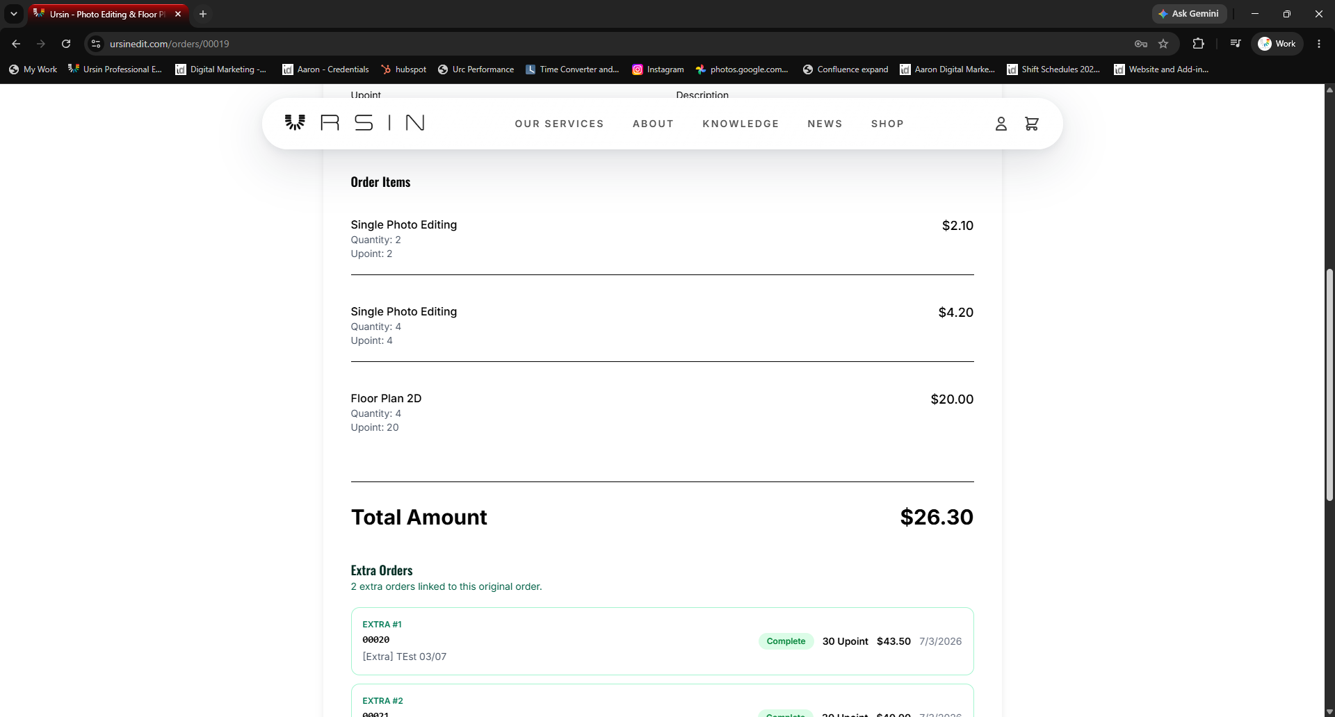 Submitted services and order information